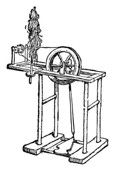 Filatura Ruota Della Prima Età Linea Vintage Disegno Incisione Illustrazione — Vettoriale Stock