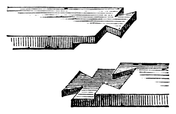 一本の木材又は木材の突出部が他の木材の断面に達するまでの木材加工用機械を適用し ヴィンテージライン図面又は彫刻図 — ストックベクタ