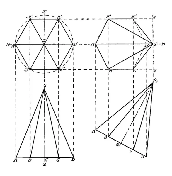 Bau Einer Regelmäßigen Sechseckigen Pyramide Vintage Linienzeichnung Oder Gravierillustration — Stockvektor