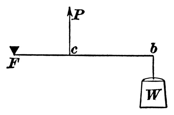 手柄一种杠杆的典型表示方式 其部分标为W P和F 分别表示重量 力和支点 分别表示老式线条绘图或雕刻图解 — 图库矢量图片