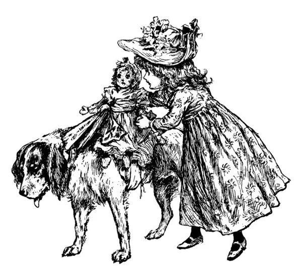 Little Girl Wearing Flower Hat Giving Ride Her Doll Dog — Stock Vector