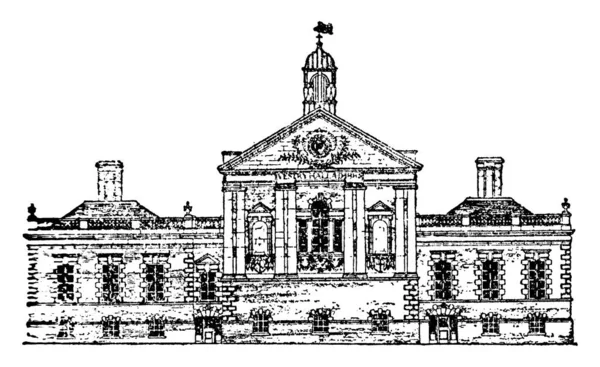 切尔西老市政厅 位于切尔西国王大道的中间 设计精美 是一座二级登录建筑 老式线条绘画或版画插图 — 图库矢量图片