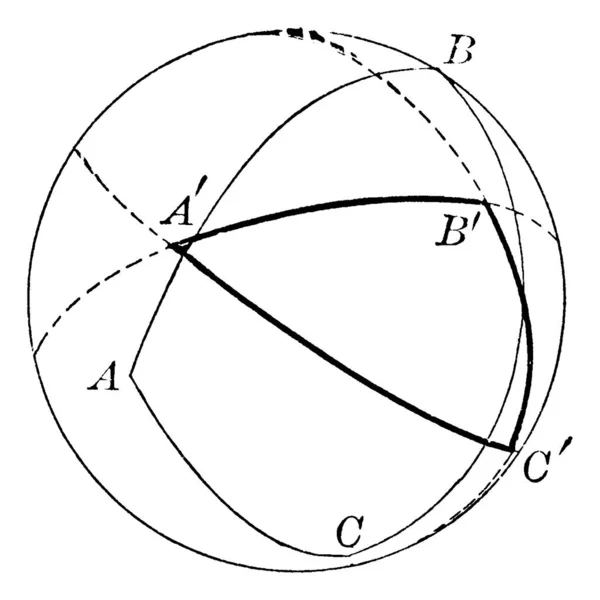 3つの頂点に対になって交差する3つの大きな円弧によって球面上に形成された球面の三角形 — ストックベクタ