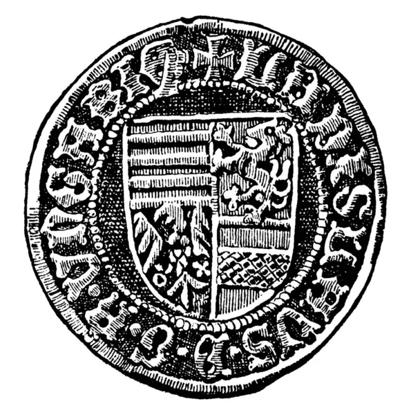 紀元1452年から1457年までのハンガリー王ラディスラウス ポストゥムスの金の硬貨であるドゥカートの裏面 ヴィンテージの線画や彫刻のイラスト — ストックベクタ