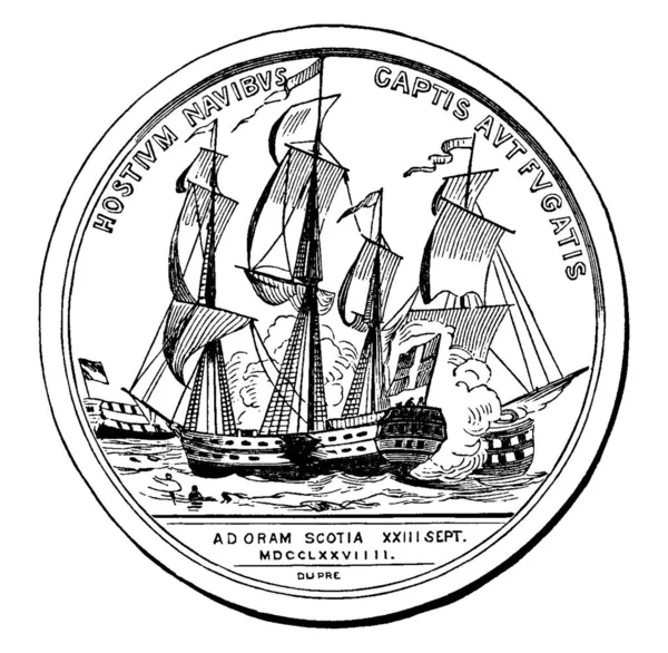 アメリカ独立戦争でアメリカ初の有名な海軍戦闘機 ジョン ポール ジョーンズに与えられた文字やイメージで刻まれた議会金メダル ヴィンテージラインの描画やイラストを彫刻 — ストックベクタ