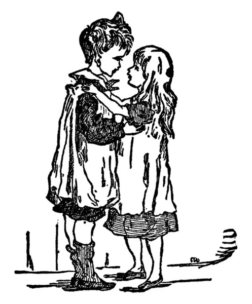 Маленький Хлопчик Замаскований Король Збирається Обійняти Маленьку Дівчинку Стоячи Перед — стоковий вектор
