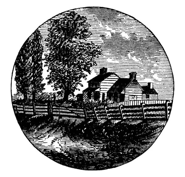 フェンスに囲まれた家や木は ラファイエットが赴任して本部を占領したチャドのフォードの近くの場所です ヴィンテージラインの図面や彫刻イラスト — ストックベクタ