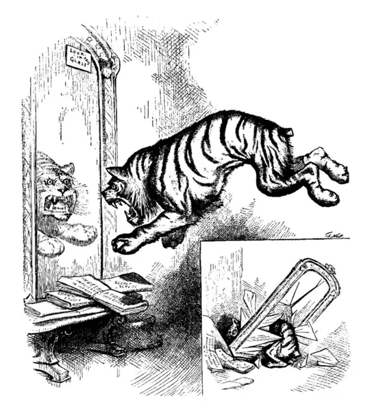 Cartoon Angry Tiger Demokratický Zbláznil Útočí Zrcadlo Malý Obrázek Pravém — Stockový vektor