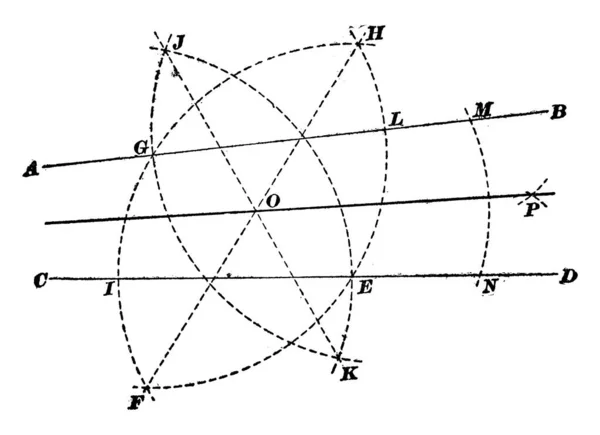 この図は ヴィンテージライン図面または彫刻イラストの限界内で横に交差しないときに角度の二分円を構築する方法を示しています — ストックベクタ