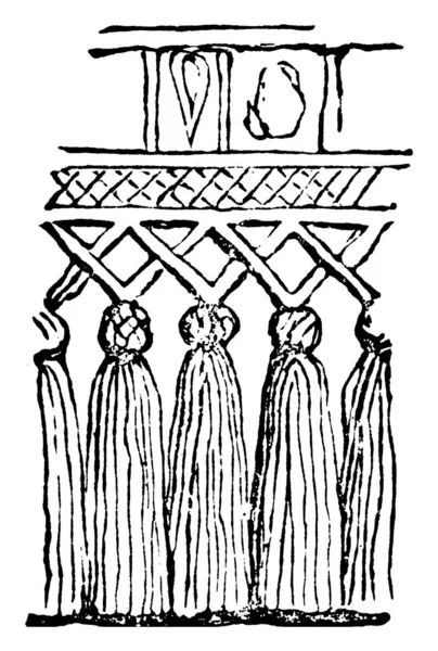 アッシリアのフリンジは それが緩い左の糸の装飾的な境界線やタッセルやねじれに形成され エッジ衣類や材料に使用される ヴィンテージライン図面や彫刻イラスト — ストックベクタ