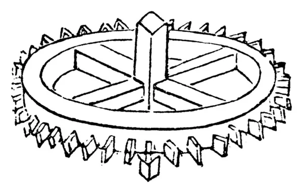 具有插入的 可更换的 用于将扭矩传递到另一个齿轮或齿形部件的齿轮 老式线条绘图或雕刻图解 — 图库矢量图片