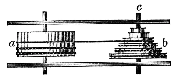 表的机制 是一个装有卷曲弹簧形式的功率的枪管 是一个保险丝 它作为一个不同的杠杆将运动传递到手表 老式线条绘图或刻字图解的手上 — 图库矢量图片