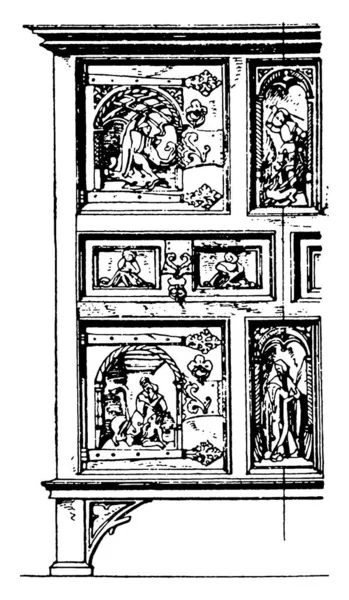 15世紀の後期ゴシック様式のキャビネットは 錫の鉄のマウントでオークで作られていました このキャビネットは より豪華なと華やかな ヴィンテージライン図面や彫刻イラストです — ストックベクタ