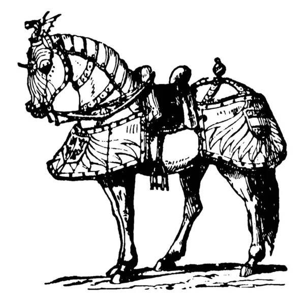 Cheval Portant Une Armure Dessin Ligne Vintage Illustration Gravure — Image vectorielle