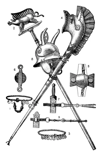 Restes Gaulois Ensemble Outils Montrant Dans Image Dessin Ligne Vintage — Image vectorielle