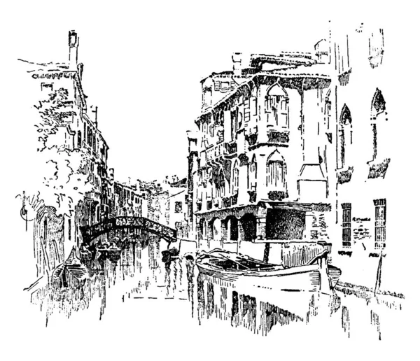 Canal Benátkách Obklopen Budovami Itálie Vinobraní Čáry Kresby Nebo Rytí — Stockový vektor