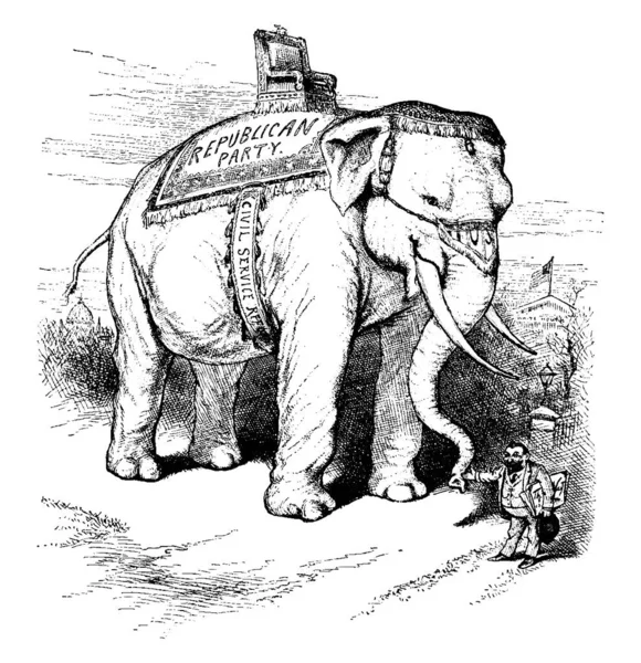 Big Elephant 만화는 Thomas Nast Vintage Line Draw Engraving Illustration — 스톡 벡터