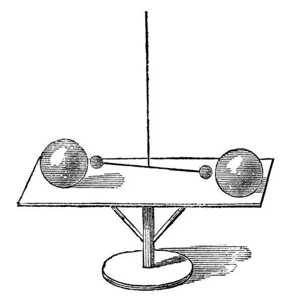 铅球实验装置一种实验装置 用以显示铅球 老式线条绘图或雕刻插图之间的相互吸引 — 图库矢量图片