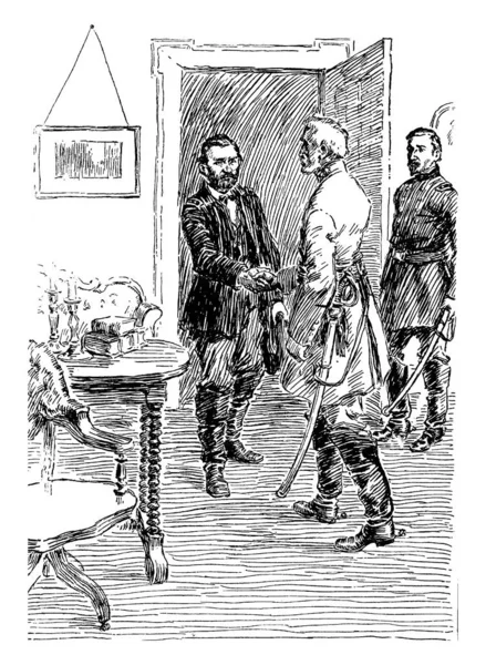 Grant和Lee将军在Appomattox Vintage Line Drawing Engraving Illustration会面的典型代表 — 图库矢量图片