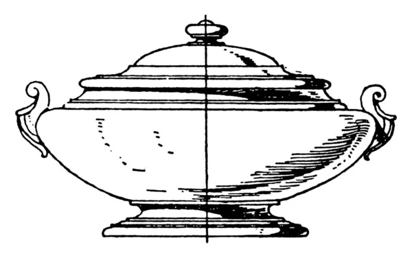 Una Sopa Tureen Con Una Cubierta Dibujo Línea Vendimia Ilustración — Vector de stock