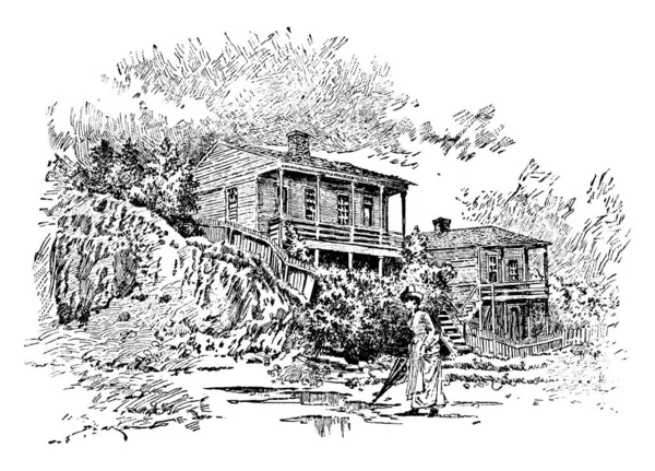 彭伯顿总部 一座两层砖房 作为邦联将军约翰 彭伯顿的总部 老式线条绘画或雕刻插图 — 图库矢量图片