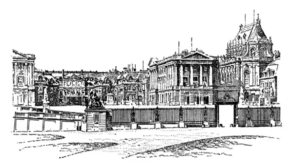 フランス ヴィンテージラインの図面や彫刻イラストの宮殿である建物を示す画像 — ストックベクタ