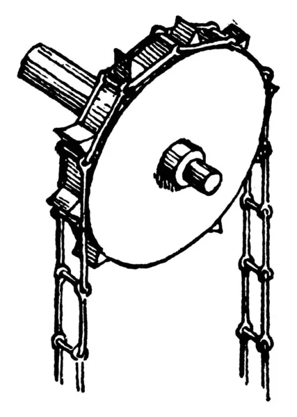 A profiled wheel or sprocket wheel with teeth that mesh with a chain; upon which radial projections engage a chain passing over it. Used in bicycles to transmit rotary motion between two shafts, vintage line drawing or engraving illustration — Stock Illustration Profiled Wheel Sprocket Wheel Teeth Mesh Chain Which Radial Projections Royalty Free Stock Illustrations