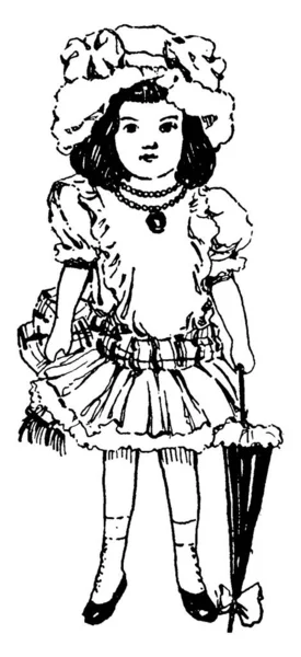 Little Girl Traditional French Dress Vintage Line Drawing Engraving Illustration — Stock Vector