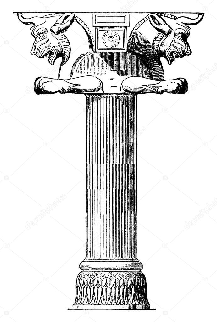 A pillar of Great hall of Xerxes having 2 sided lion heads on the top and Leaf design base, vintage line drawing or engraving illustration.