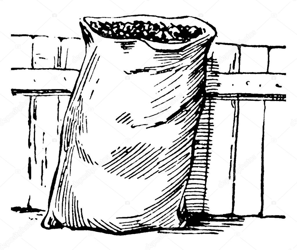 The picture depicts an open sack, holding some grains, leaning against a wall, vintage line drawing or engraving illustration.