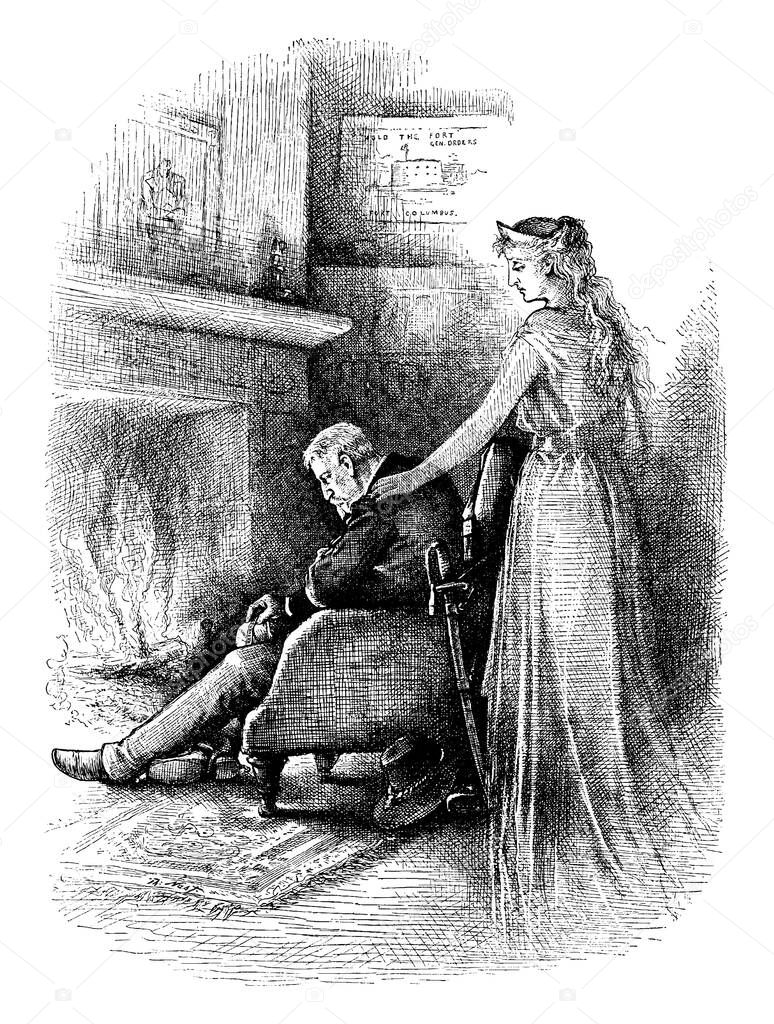 A disappointed and defeated General Hancock sitting on the chair in front of fire and a woman is trying to comfort him, vintage line drawing or engraving illustration.