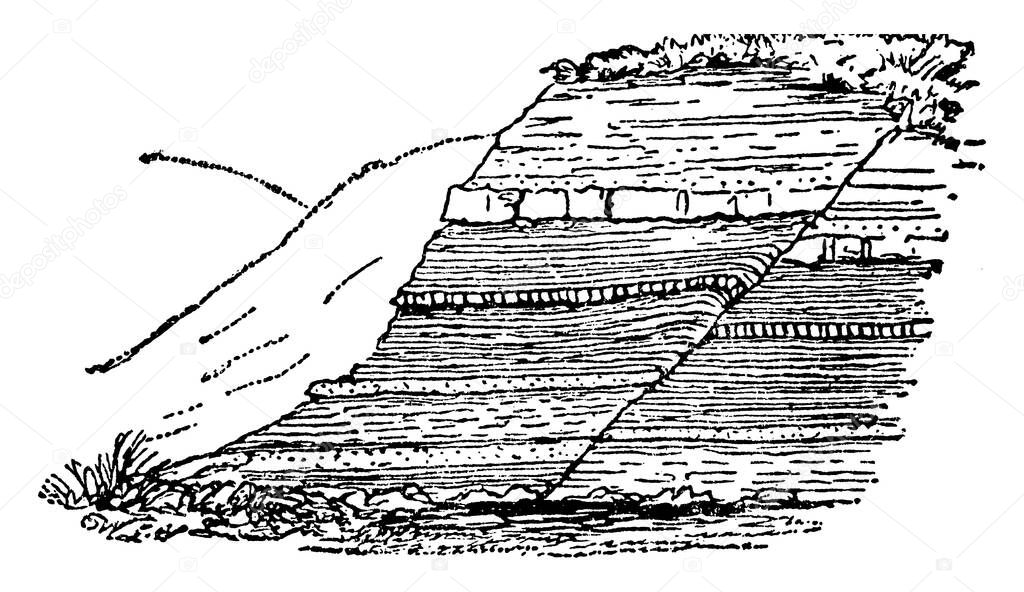 Reverse faults, indicative of shortening of the crust. The dip of a reverse fault is relatively steep, greater than 45. The hanging wall moves up relative to the footwall, vintage line drawing or engraving illustration