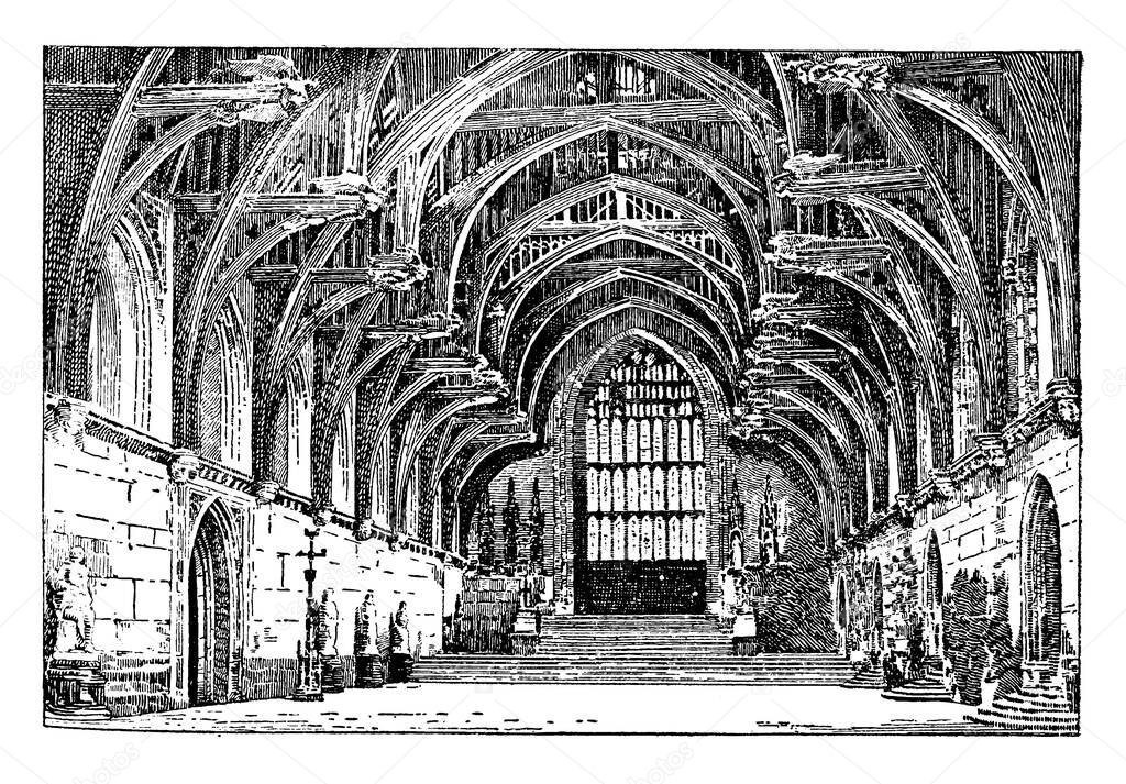 Interior of Westminster Hall which is a historical building in London, vintage line drawing or engraving illustration.