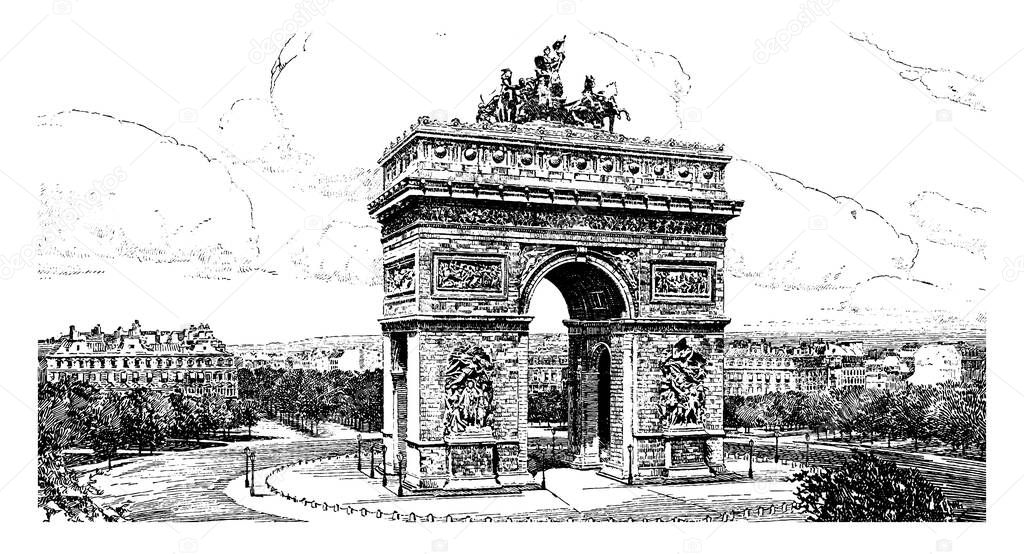 Monument represents military triumph of revolutionary and Napoleonic armies, vintage line drawing or engraving illustration.