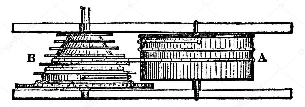 The Fusee is a conical pulley or wheel, used in antique spring-powered mechanical watches and clocks, vintage line drawing or engraving illustration.