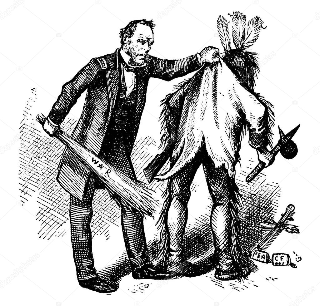 Caricature by Thomas Nast depicts Indian Outrages during killing of Ju, vintage line drawing or engraving illustration.