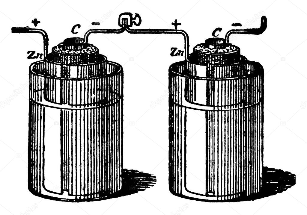 Two galvanic cells connected in series with connector, vintage line drawing or engraving illustration.