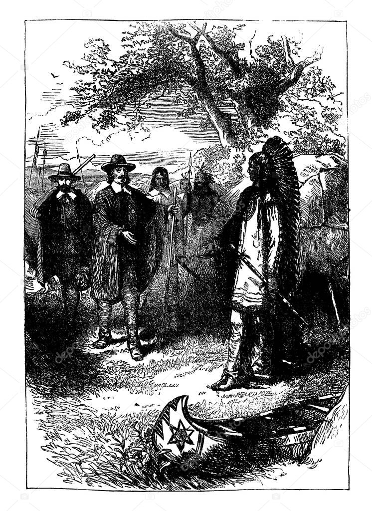 The relationship of Pilgrims and Native Americans. Pilgrims are around 100 people seeking religious freedom, sail from England on the mayflower in September 1620, vintage line drawing or engraving illustration.