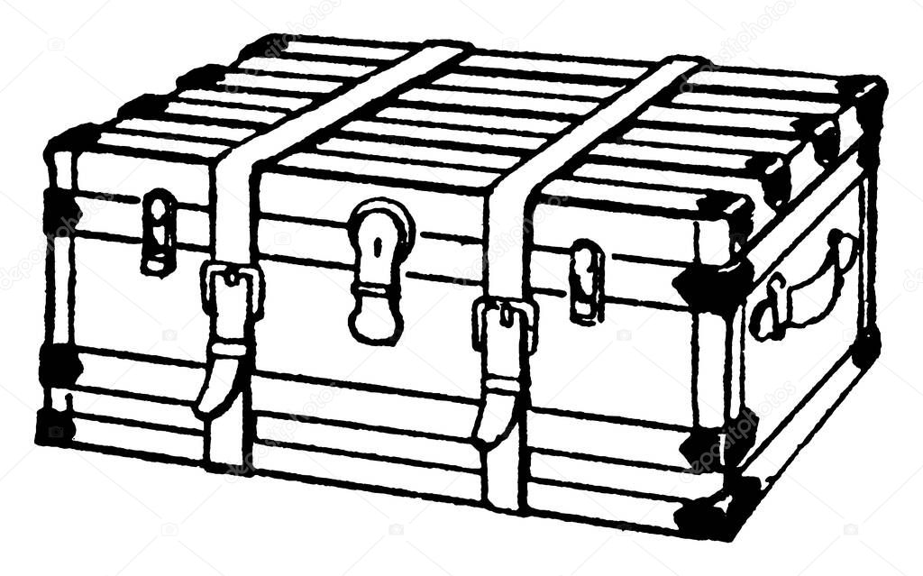 Luggage Trunk is a container used to hold clothes and other personal belongings, also known as a travel trunk, vintage line drawing or engraving illustration.