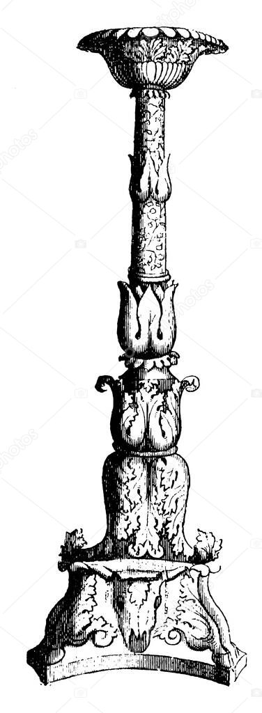 It is an image of a candelabrum is a stand or support on which the ancients placed their lamps. Candelabra were made in a variety of shapes and with much taste and elegance, vintage line drawing or engraving, vintage illustration.