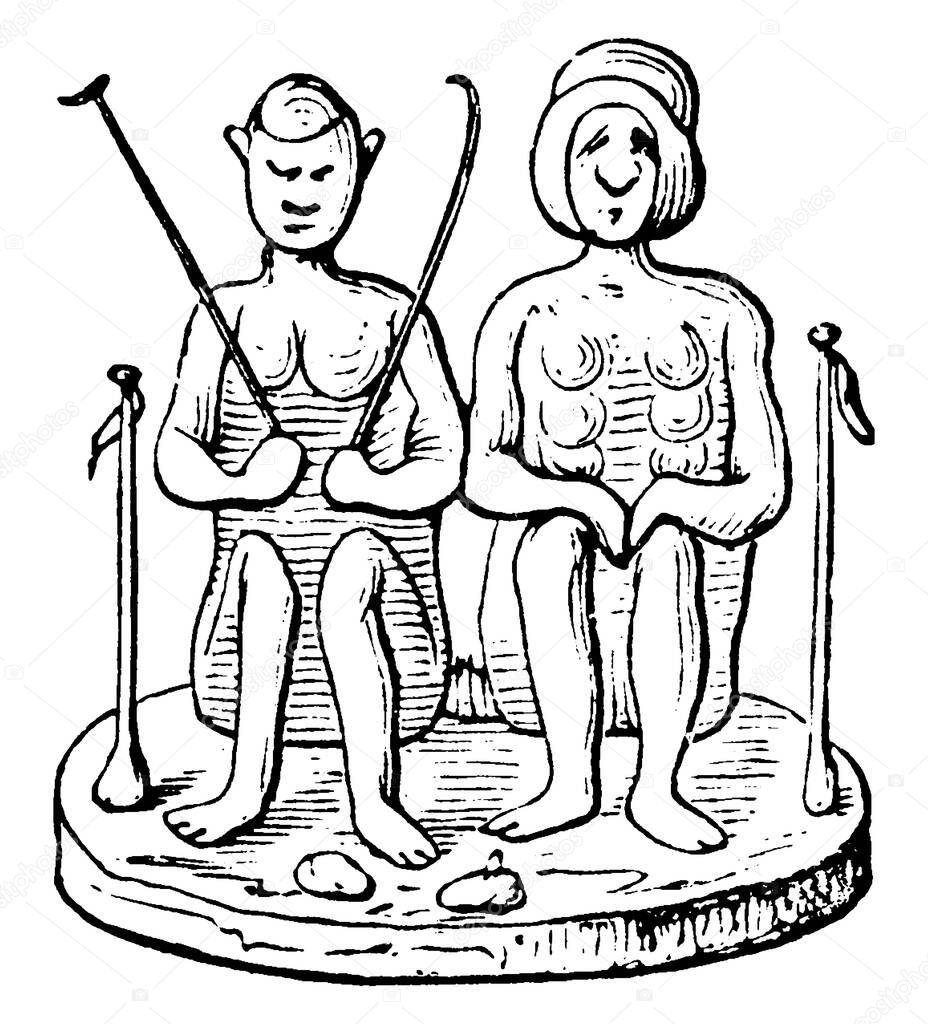 this is fetish of man and woman, an inanimate objects worshipped for its supposed magical powers, vintage line drawing or engraving illustration.