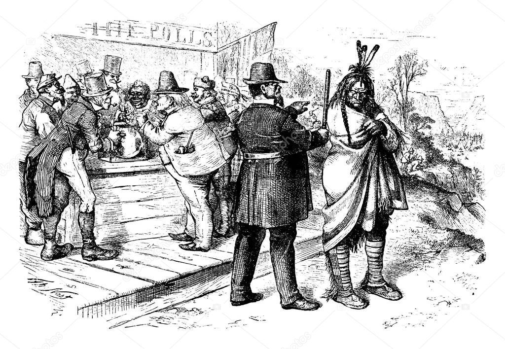 This Nast's cartoon depict the Native American excluded from the franchise., vintage line drawing or engraving illustration. 