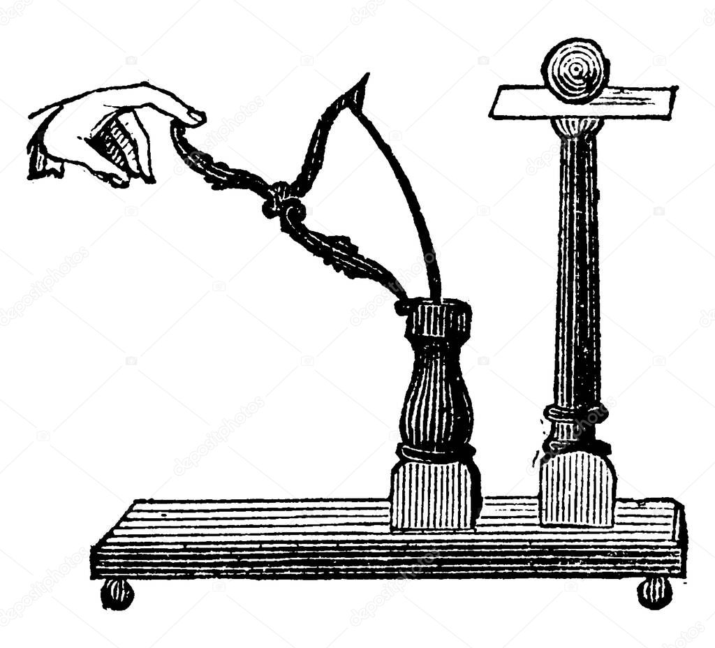 An experimental set-up with a short pillar, ball, card and a steel spring drawn by human hand, to demonstrate inertia, vintage line drawing or engraving illustration.