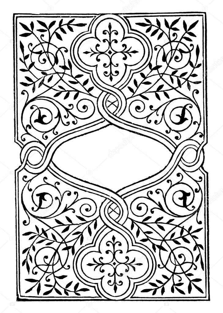 The flowing curved lines that surround and interlace the geometrical framework of a design for a book-cover in the style of Grolier, vintage line drawing or engraving illustration.