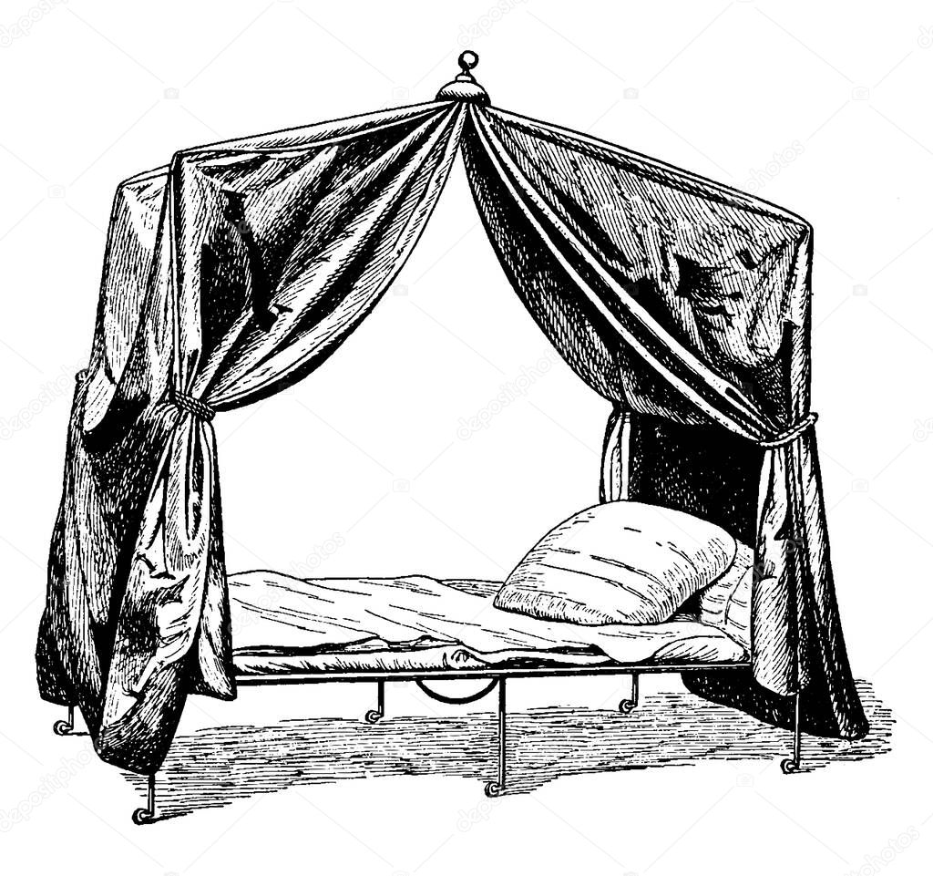 Bed used in camps by Napoleon I while out from home, vintage line drawing or engraving illustration.