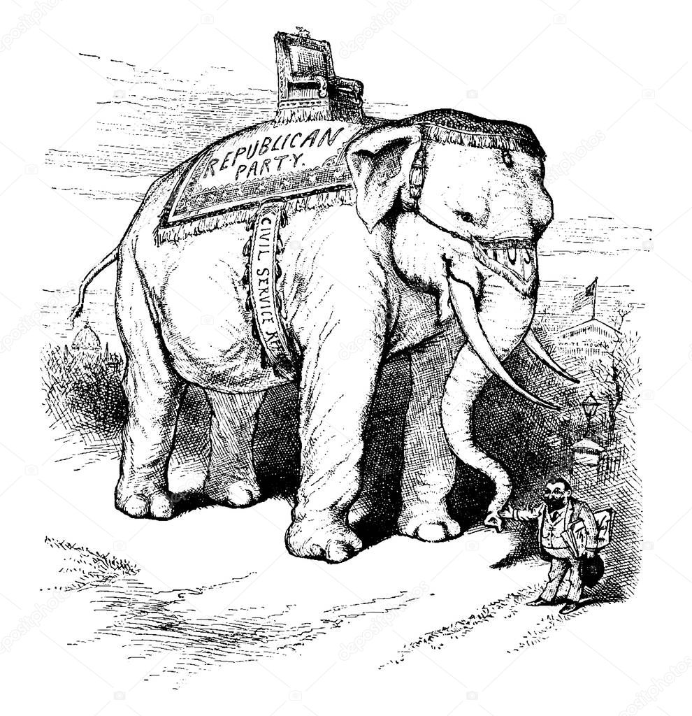 Caricature of Big Elephant represent Republican Party by Thomas Nast, vintage line drawing or engraving illustration.