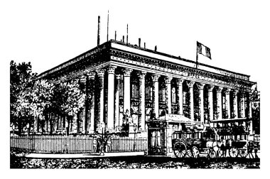Paris Bourse manzarası, klasik çizim ya da gravür çizimi.