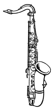 Saksafon, ahşap rüzgar ailesinde klarnet sınıfının bir müzik enstrümanı, klasik çizim ya da gravür..