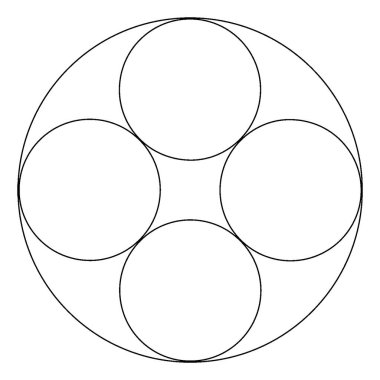 Büyük bir çemberin içindeki dört tamamlanmış çember ve dairelerin kenarları birbirine dokunarak geometrik şekil, klasik çizgi çizimi veya gravür çizimi yapıyor..