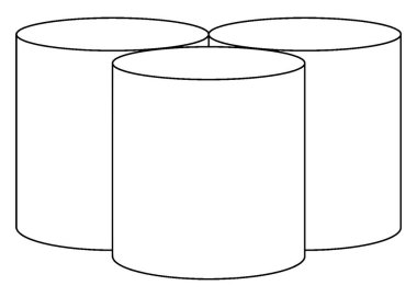 Eğri kenarları birbirine dokunurken birbirine eşit yükseklikte ve taban yarıçapı, klasik çizgi çizimi veya kabartma çizimi olan üç paralel dairesel silindir birbirine dokunur..